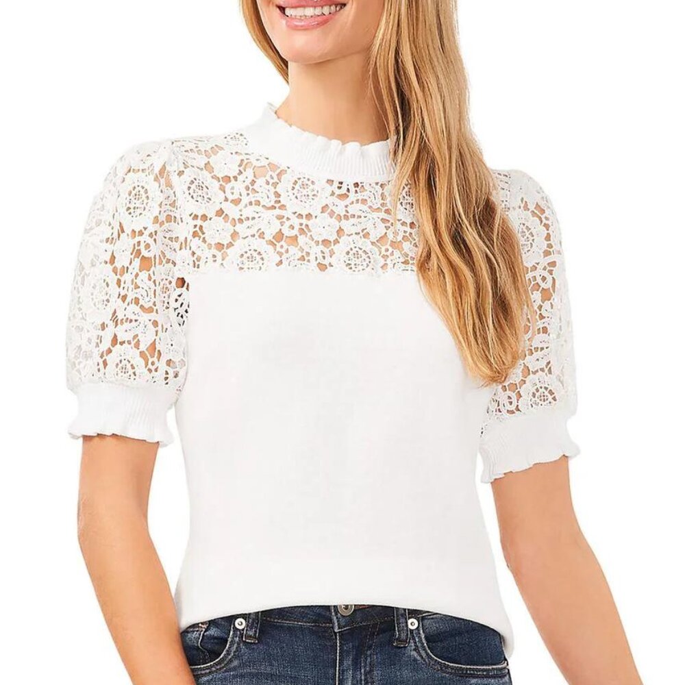 CeCe White Lace Yoke Puff Sleeve Turtleneck Sweater